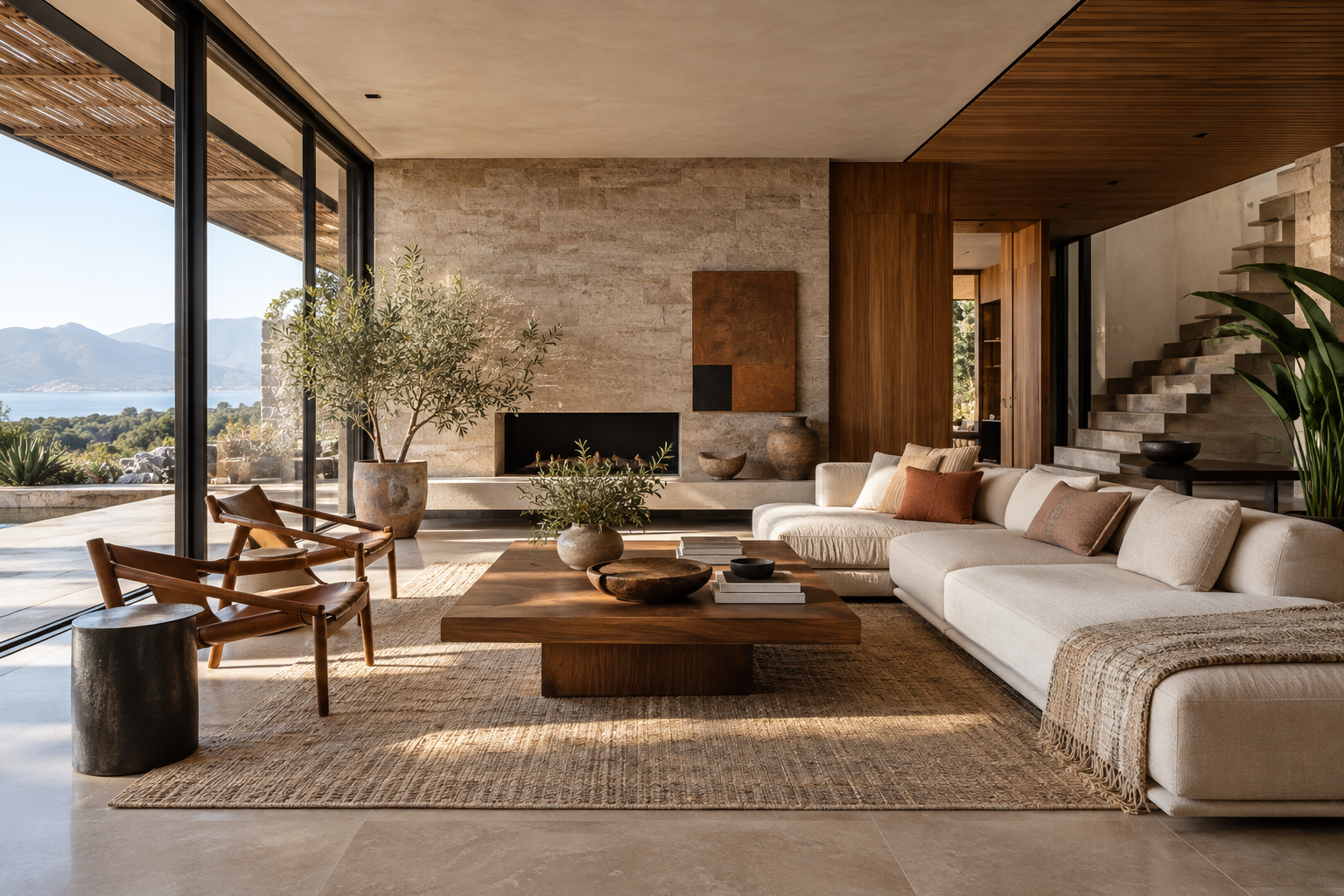 Sala residencial contemporánea con materiales naturales